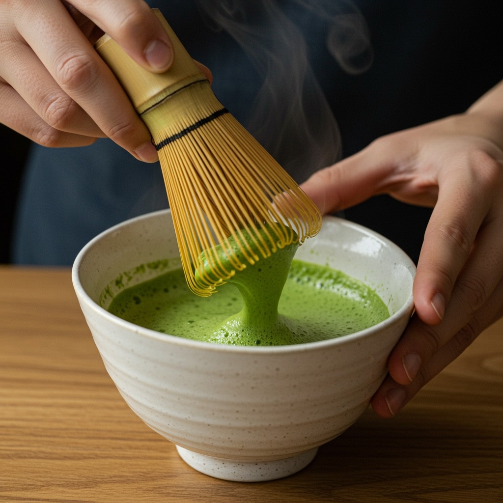 Hands whisking matcha in a traditional white ceramic bowl with a bamboo whisk, creating vibrant green frothy foam on top, steam rising gently, captured mid-whisk motion with shallow depth of field