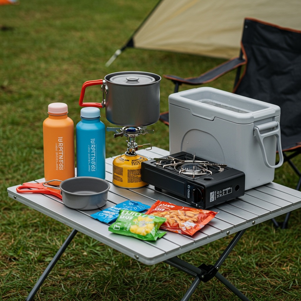 Festival camping kitchen setup showing portable camp stove, cooler with ice, reusable water bottles, electrolyte packets, and easy camping snacks laid out on folding table — practical outdoor cooking organization, festival camping lifestyle