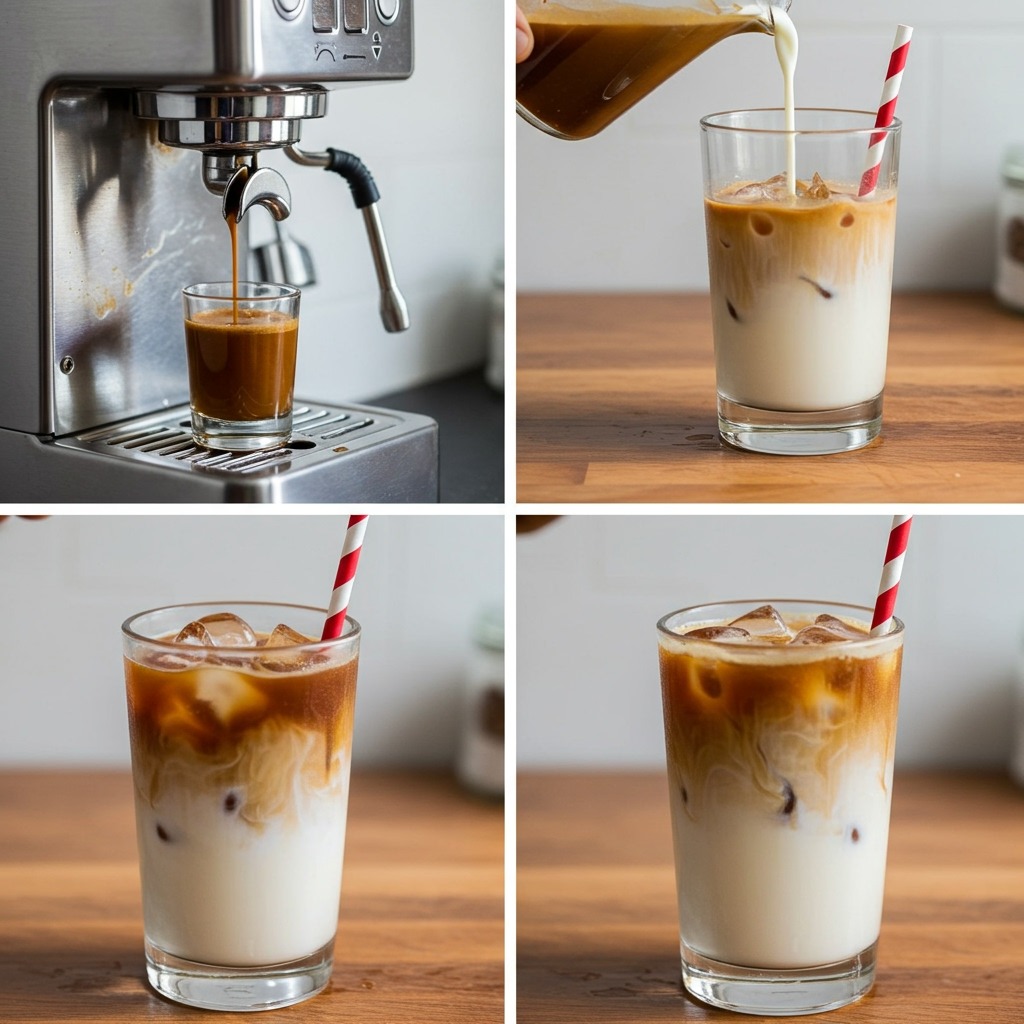 Step-by-step collage of making an iced latte at home: espresso shot being pulled from a machine, milk being poured over ice in a tall glass, espresso added on top, and the final iced latte with a straw, ready to drink.