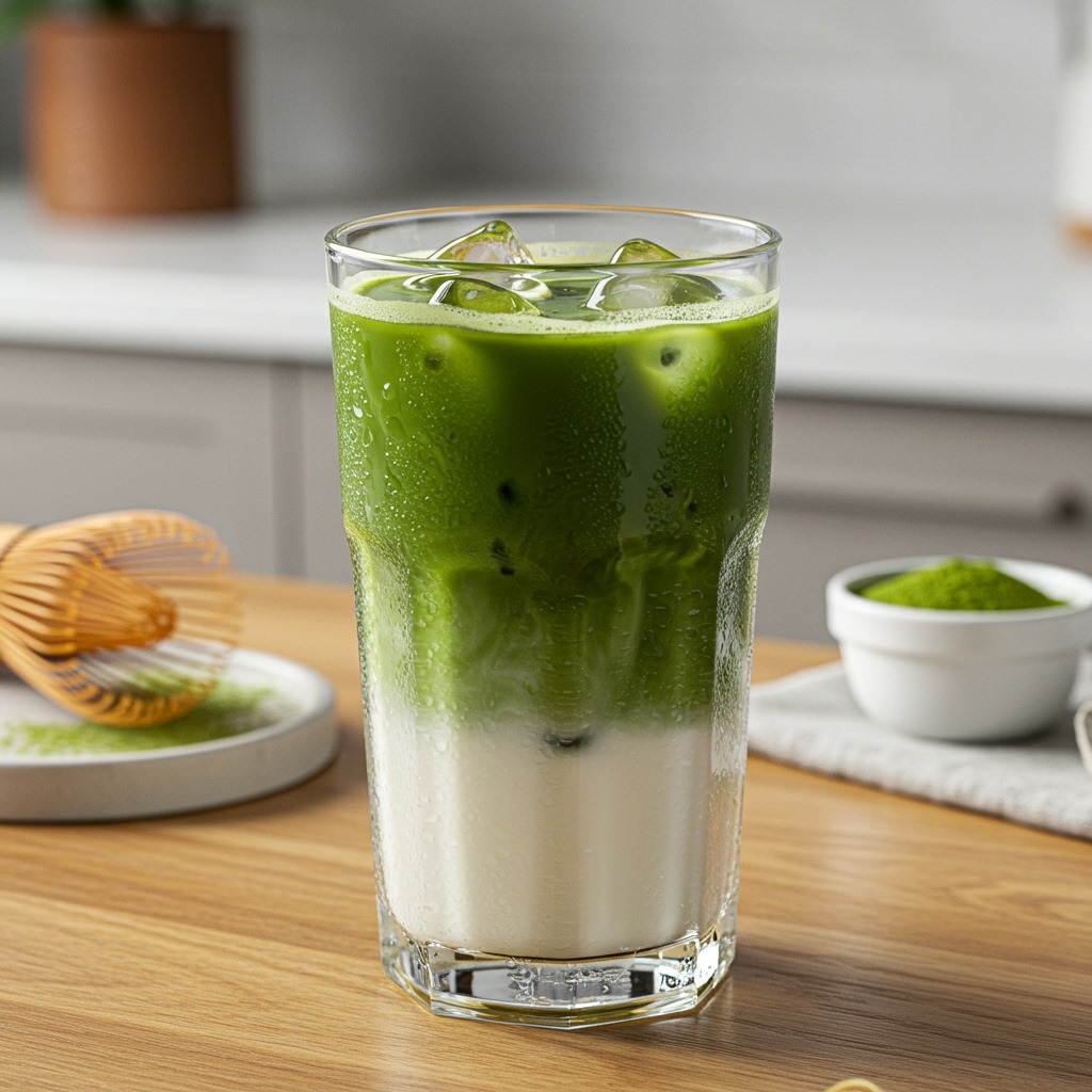 A tall glass filled with iced matcha latte showing beautiful layered effect with white milk at the bottom and vibrant green matcha cascading through, ice cubes visible, condensation on the glass, summer kitchen setting with bright natural light