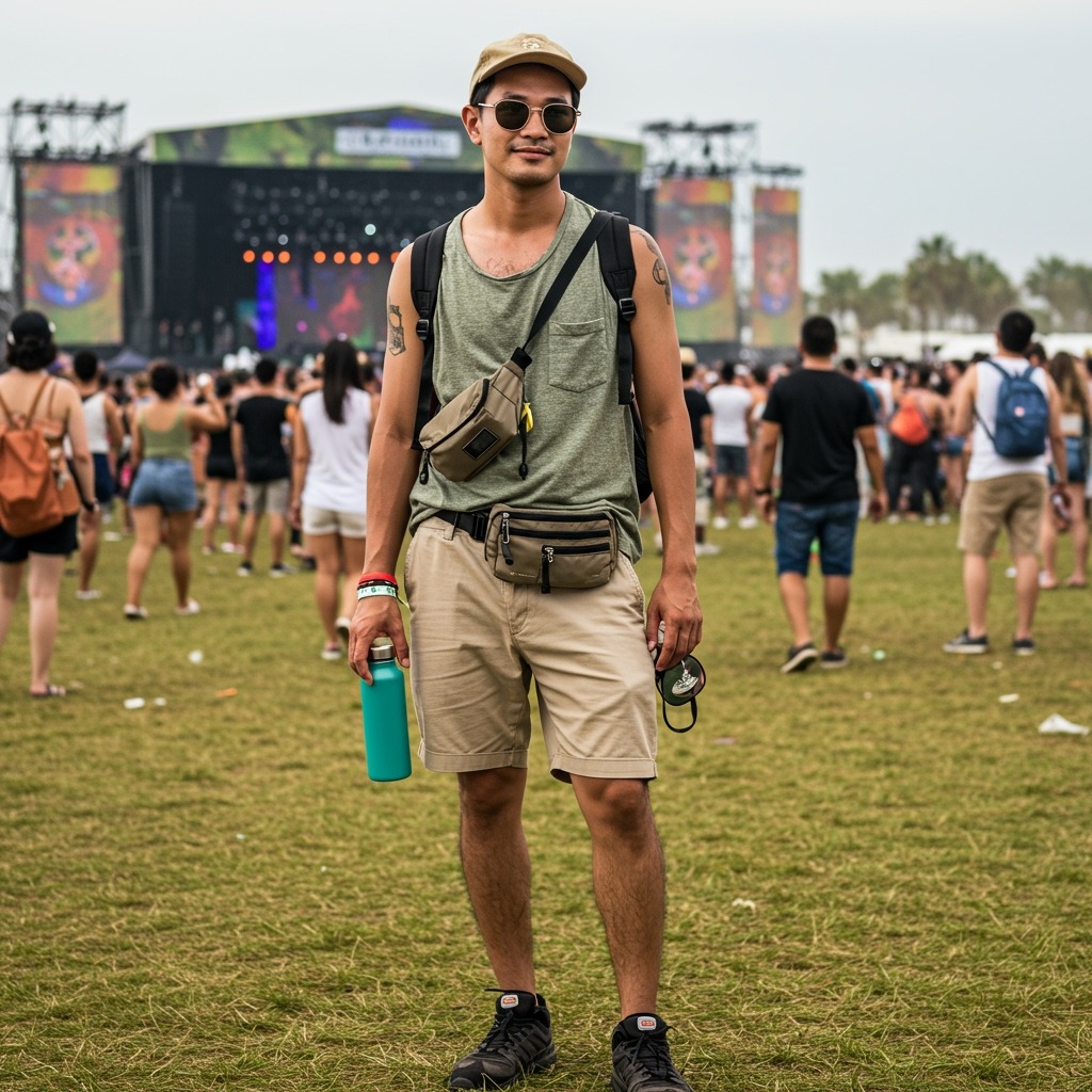 Festival-goer wearing comfortable outdoor clothes with small backpack, holding reusable water bottle and wearing sunglasses, with music festival stage and crowd visible in background — active festival participant, practical festival fashion, outdoor event setting
