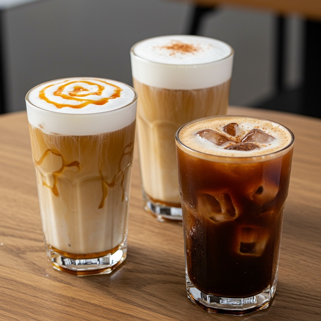 Creative iced latte variations on a café table: one with vanilla syrup and caramel drizzle, another topped with cold foam and cinnamon, and a third with coffee ice cubes in the glass, showcasing different flavors and textures.
