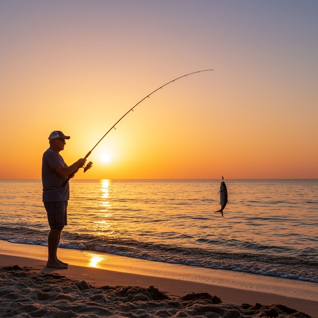An angler casting a line at sunrise on the beach, fishing rod bent with tension, symbolizing strength and reliability of the Alberto knot in real-world fishing scenarios.