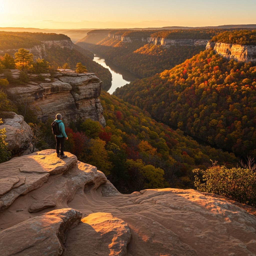 A hiker standing on a sandstone bluff overlooking a dramatic canyon filled with autumn foliage, with the Illinois River visible in the distance, golden hour lighting creating warm shadows across the rocky formations