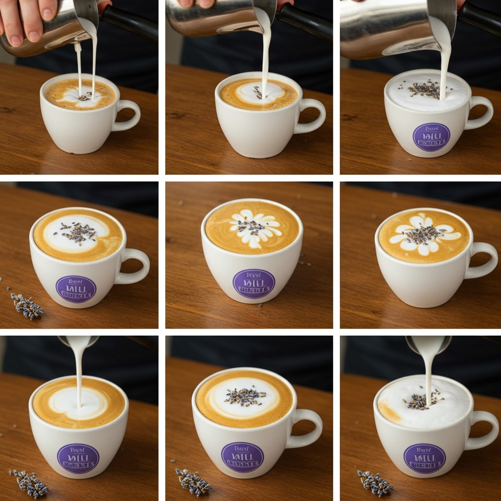 Step-by-step collage of lavender oatmilk latte being assembled: barista pouring espresso into a mug, frothy oat milk cascading into the coffee, then finishing with a sprinkle of dried lavender buds on top.