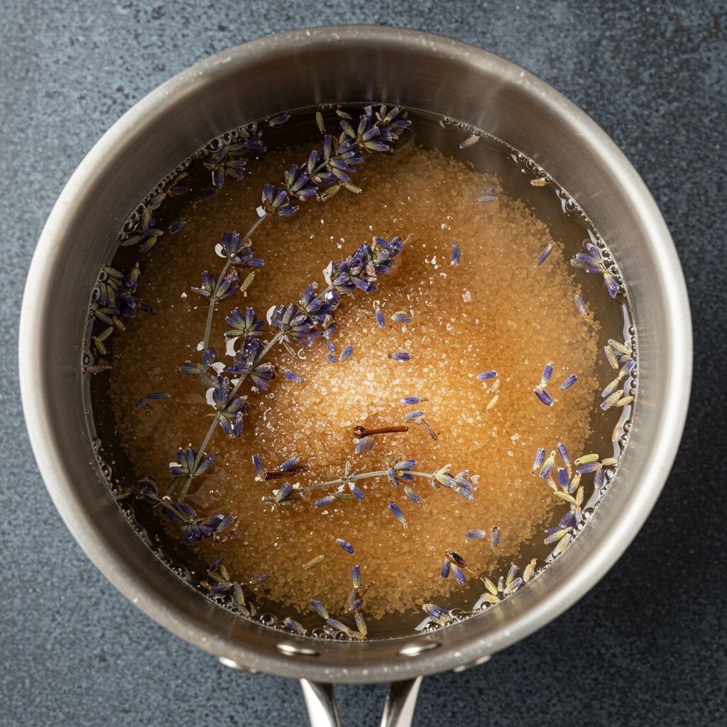 Close-up top-down shot of a saucepan with water, sugar, and dried lavender buds steeping together, steam rising gently, styled like a recipe blog photo with clean overhead lighting.