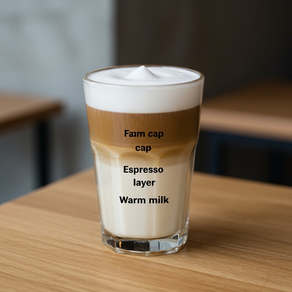 Front-on photorealistic shot of a latte macchiato in a clear glass with subtle overlay labels (no heavy graphics): ‘Foam cap’ on top, ‘Espresso layer’ in the middle, ‘Warm milk’ at the bottom; soft edge lighting to emphasize layer boundaries; minimalist café surface.