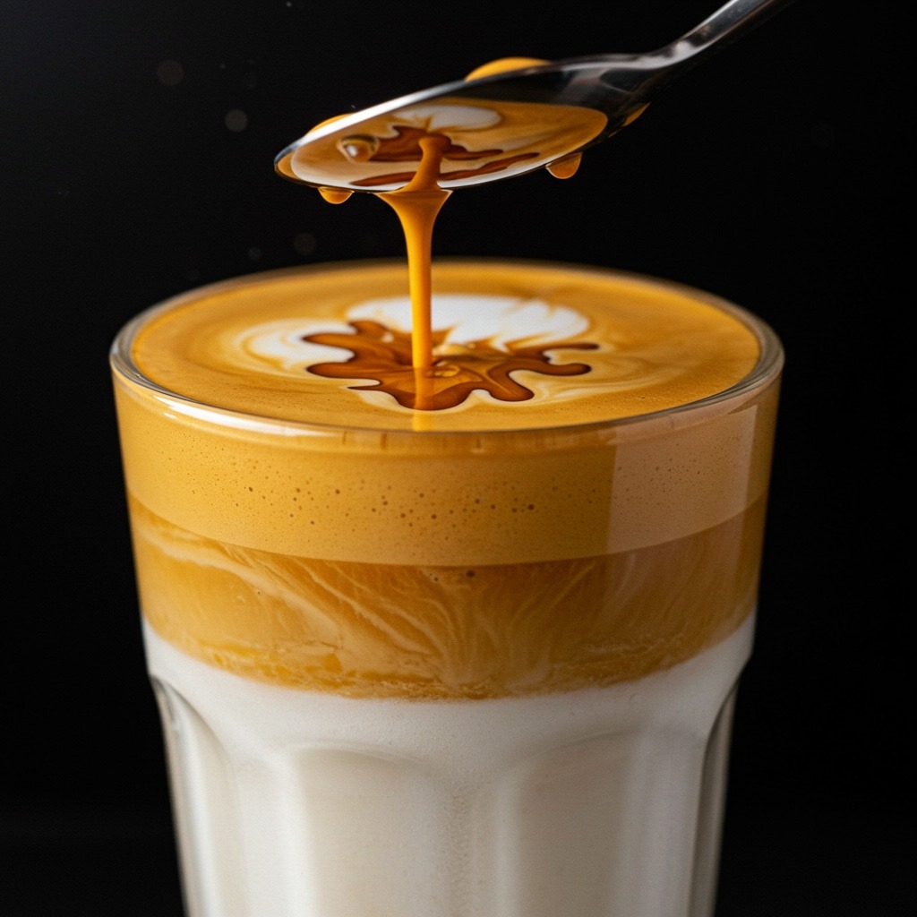 Macro close-up of espresso being poured slowly through a spoon into foamy steamed milk in a tall glass, capturing the moment the dark espresso ‘stains’ the foam and settles as a separate middle layer; visible micro-bubbles, rich espresso color gradient, clean bar setup.