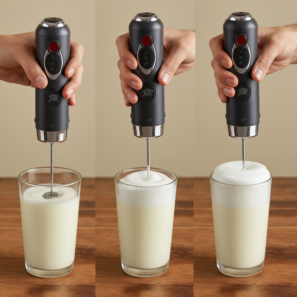 Step-by-step sequence showing hands using a handheld milk frother in a glass of milk, progressing from liquid milk to thick, voluminous foam — realistic, tutorial-style photography with clear detail of the frothing process
