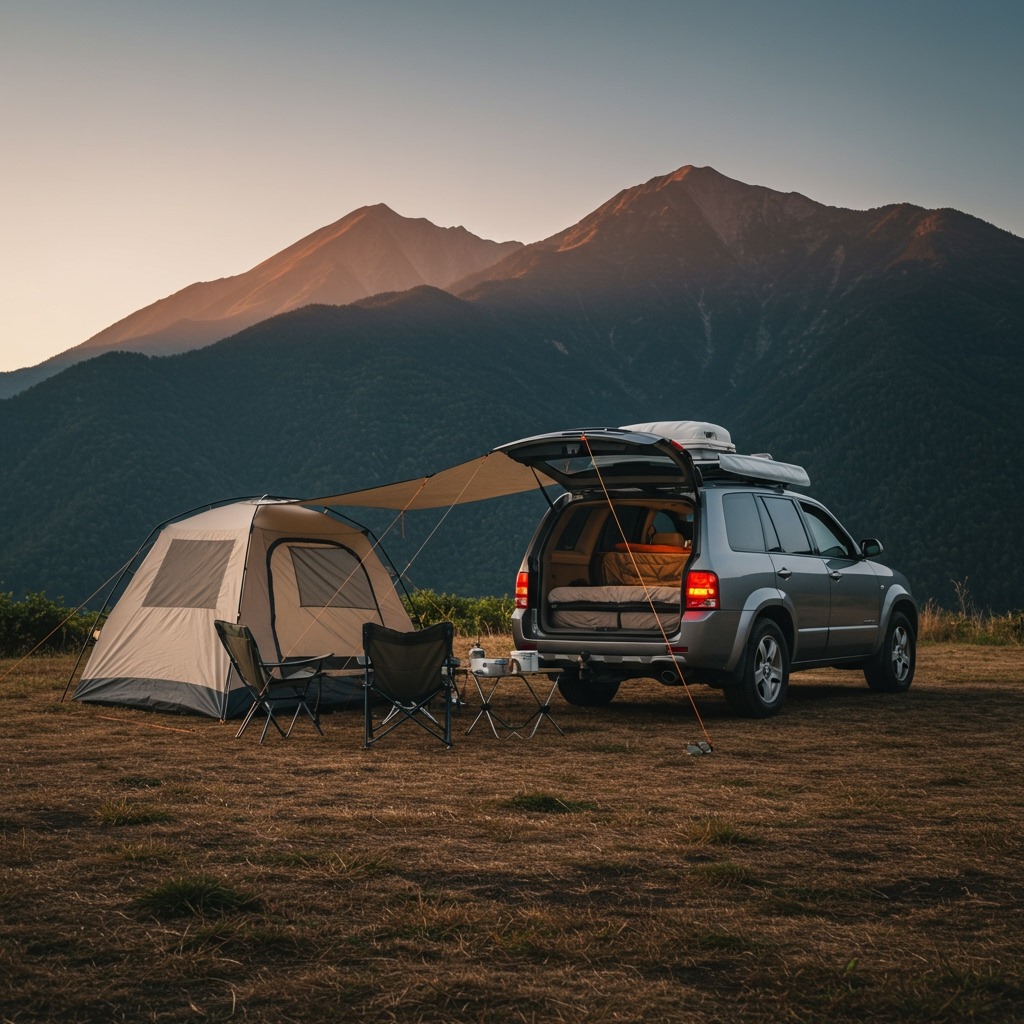 Scenic mountain campsite at sunrise with a car parked next to a tent, camping chairs set up, and a cozy bed visible inside the vehicle, capturing the essence of car camping freedom.