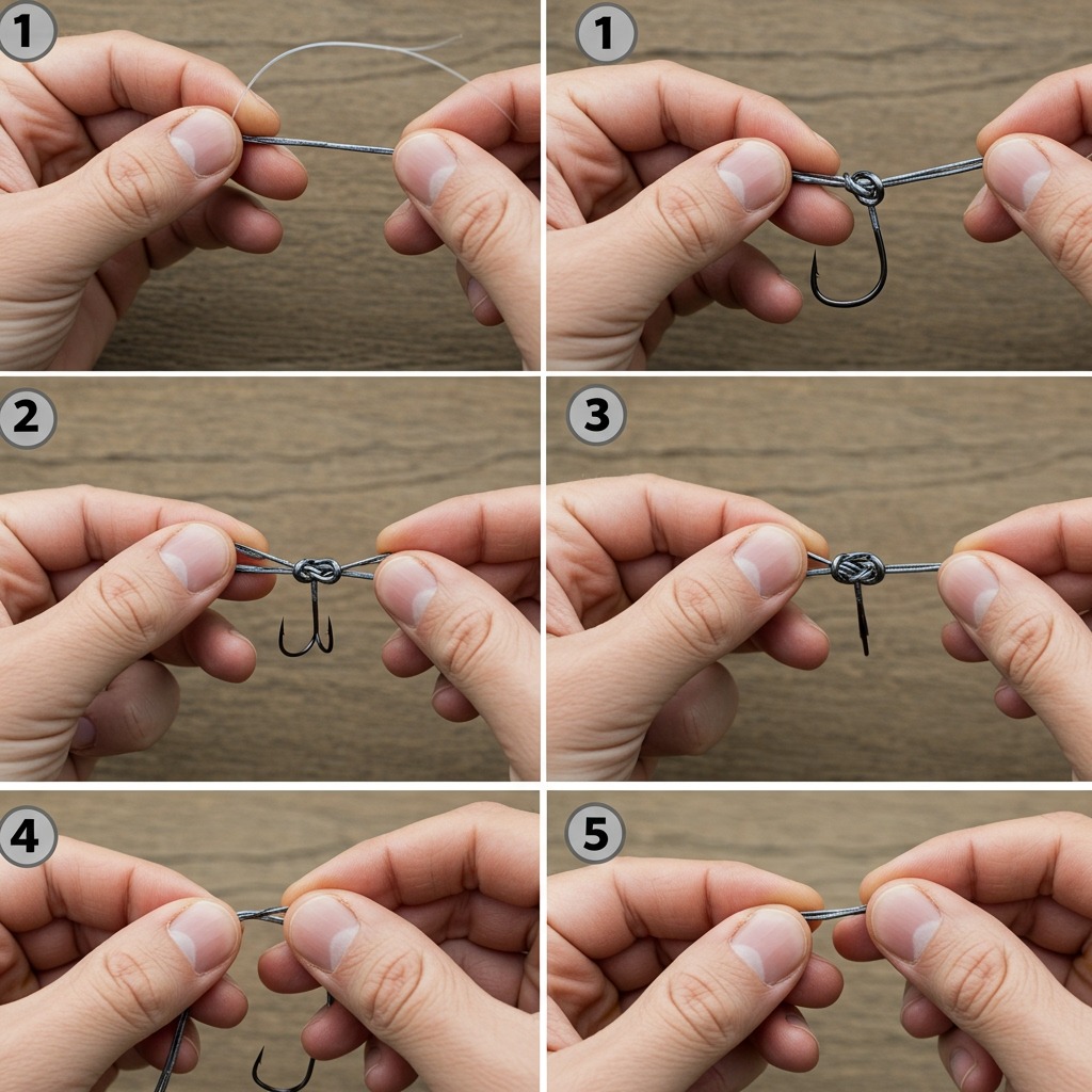 A step-by-step visual sequence showing hands tying a Palomar knot with braided line, displayed as 4-5 clear panels showing: doubling the line through the hook eye, tying the overhand knot, passing the loop over the hook, and the final cinched knot, with each step clearly labeled