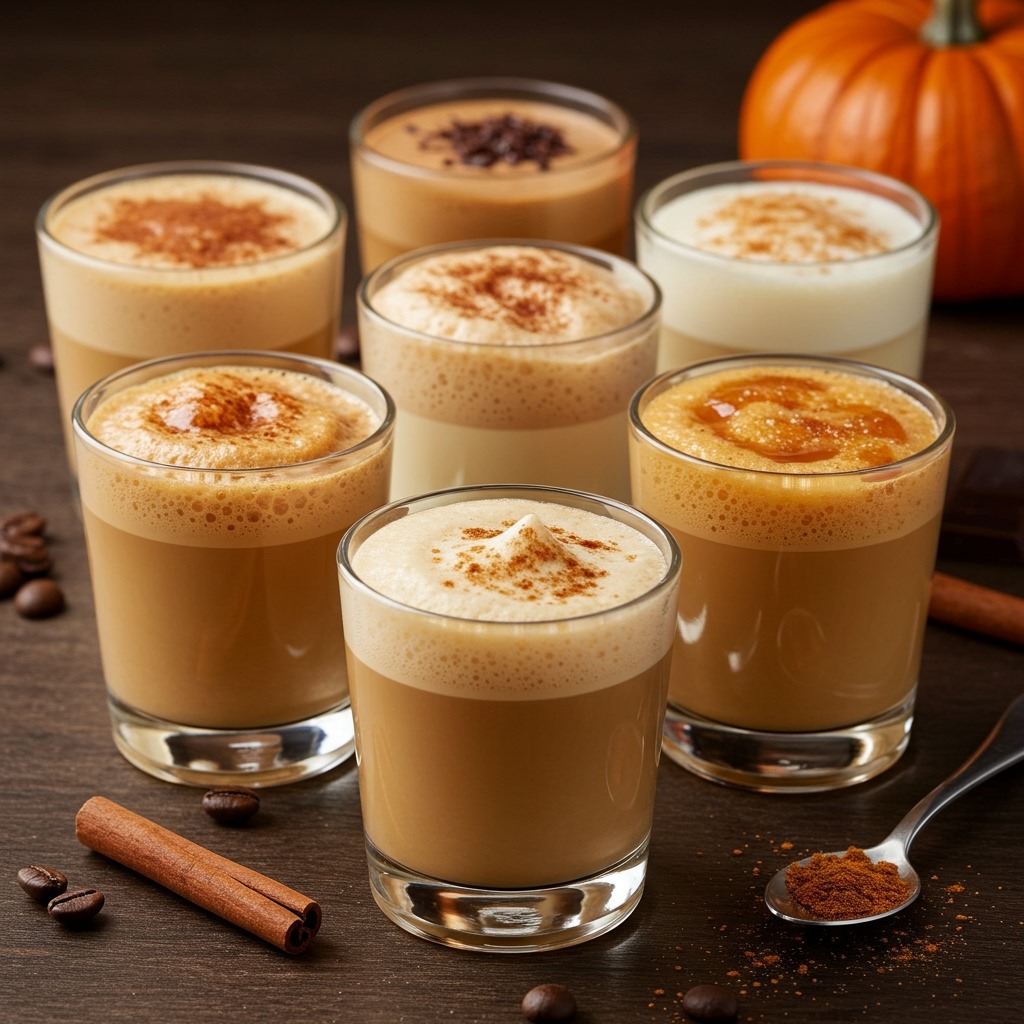 Beautiful array of different flavored cold foam variations in small glasses showcasing vanilla, chocolate, caramel, and pumpkin spice cold foams with their respective colors and textures — appetizing, professional food photography style with warm lighting