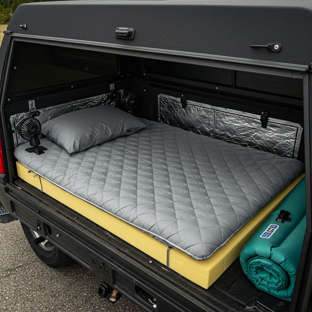 Top-down flat-lay inside a pickup truck bed with cap: custom-cut foam mattress fitted to wheel-well contours, breathable quilt, compressible pillow, Reflectix window inserts partly in place, small USB fan on clamp, mesh window screens cracked for ventilation, self-inflating pad rolled beside, tidy under-platform storage edge visible; balanced natural interior LED lighting, tactile fabric detail, lifestyle editorial feel