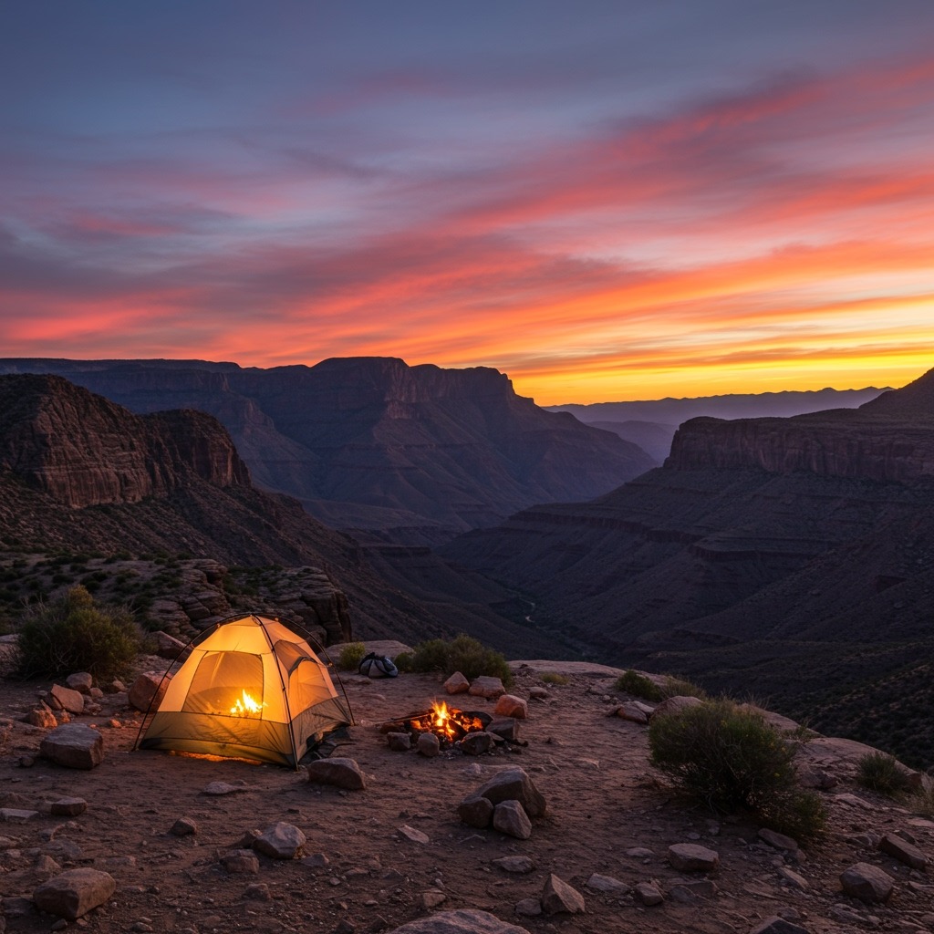 Scenic South Rim backcountry campsite perched near the cliffs of Big Bend at sunset, a small tent glowing warm with campfire light, vast canyon view stretching into the horizon under pink and orange skies.