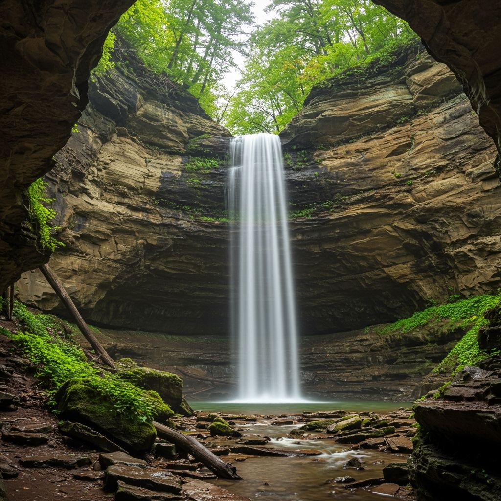 A magnificent waterfall cascading down sandstone cliffs into a narrow canyon at Starved Rock State Park, with moss-covered rocks and lush green vegetation framing the scene, mist rising from the base of the falls