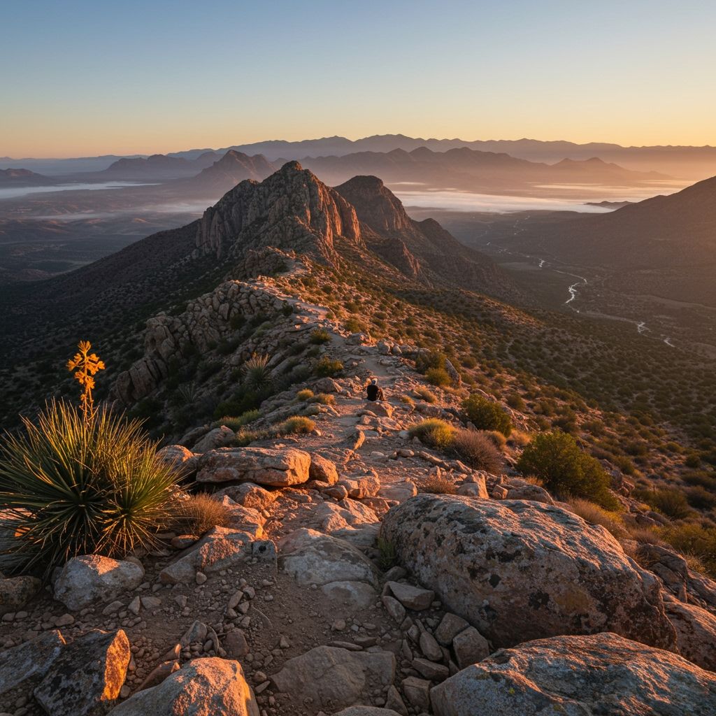 Photorealistic sunrise at Lost Mine Trail summit, wide rocky outcrop foreground with warm side light, expansive view over Juniper Canyon and the Chisos Mountains, low mist layers in the distance, subtle trail switchbacks below, hiker silhouette seated on granite ledge for scale, crisp desert flora detail (agave, yucca), natural color grading, 24mm landscape composition, ultra-detailed, high dynamic range