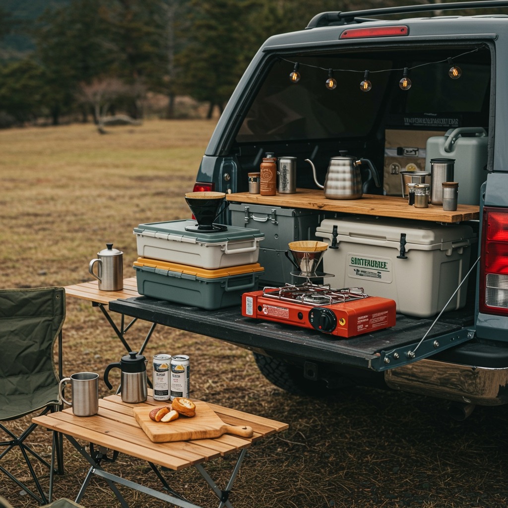 Daylight tailgate camp kitchen scene: compact dual-burner propane stove on tailgate, rotomolded cooler beside it, stackable food bins, cutting board with simple ingredients, pour-over coffee cone and kettle, 12V electric cooler inside bed, jerry can water container with spigot, small folding table and two compact camp chairs, organized and clutter-free; documentary outdoor style, natural shadows, 35mm environmental shot