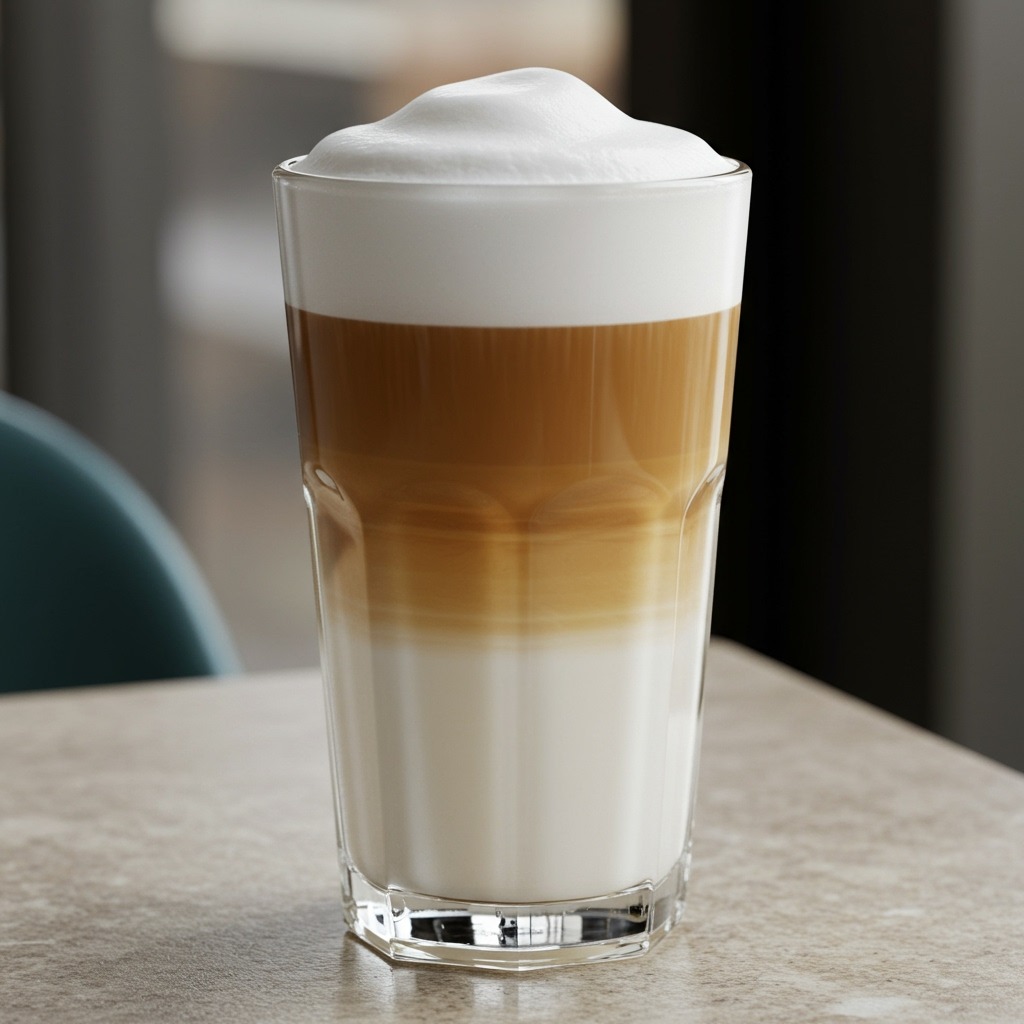 Photorealistic latte macchiato in a tall clear glass, three distinct layers visible: dense warm milk at bottom, a defined amber-brown espresso band in the middle, and a lofty, airy milk foam cap on top; soft cafe window light, neutral background, slight crema diffusion ring where espresso meets foam, minimal props.