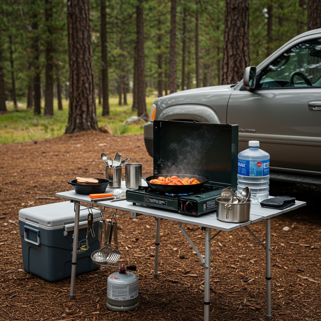 Outdoor camping kitchen beside a car: portable propane stove on a folding table, cast iron skillet with food cooking, cooler, water jug, and utensils neatly organized, set against a backdrop of tall pine trees.