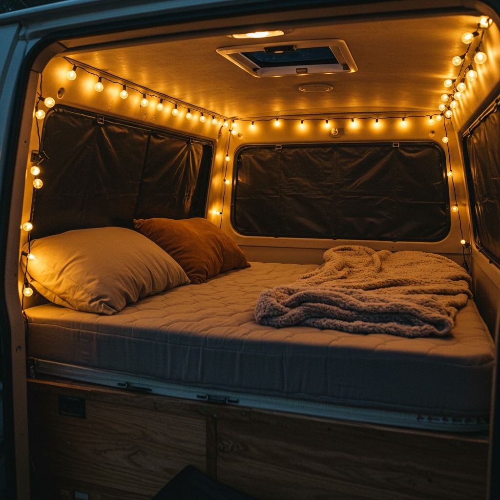 Interior of an SUV converted into a sleeping space with a mattress, pillows, cozy blanket, string lights, and reflectix window covers, showing a neat and comfortable mobile bedroom setup.