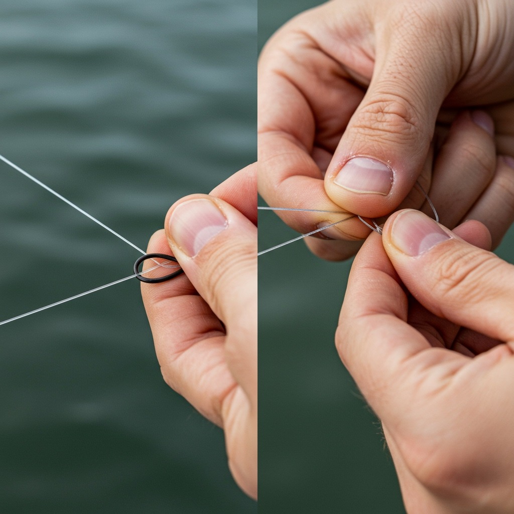 A close-up comparison shot showing two fishing lines side by side - smooth, glossy braided line on the left and textured monofilament on the right, with hands attempting to tie the same knot on both lines, clearly illustrating the difference in grip and texture between the two line types