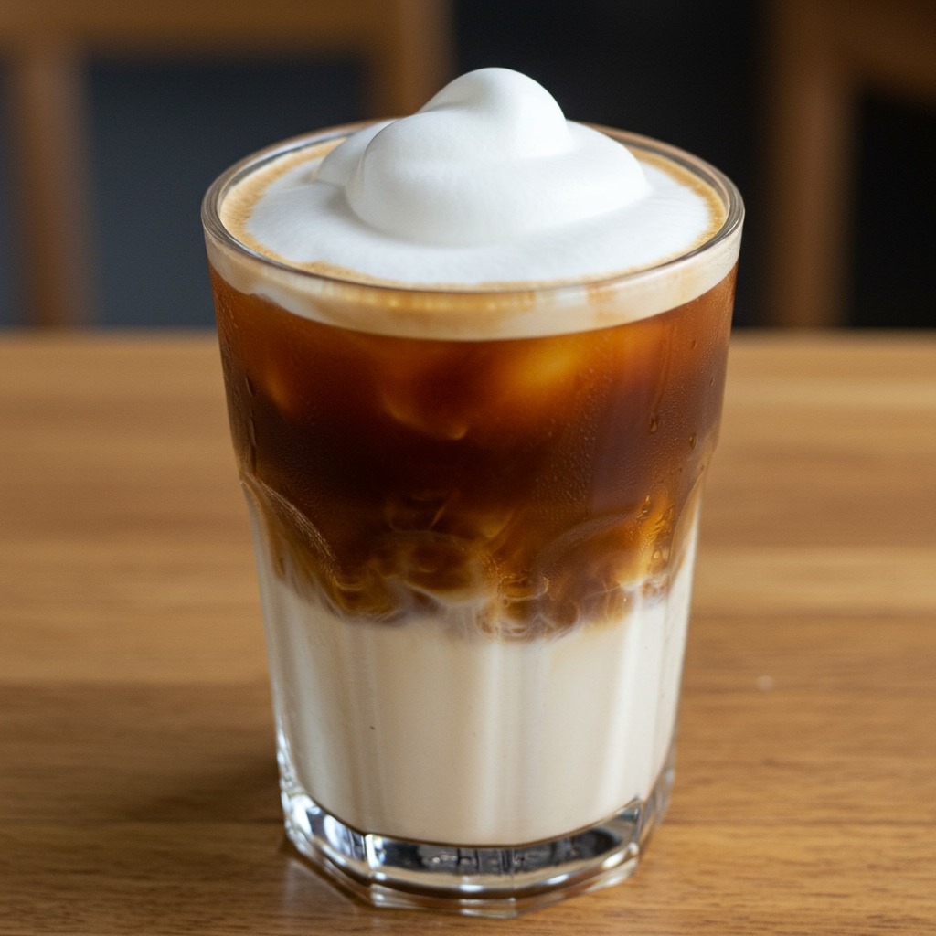 Close-up of a perfect glass of iced coffee with thick, creamy white cold foam floating beautifully on top, creating distinct layers between the dark coffee and light foam — photo-realistic, appealing café-style presentation with natural lighting