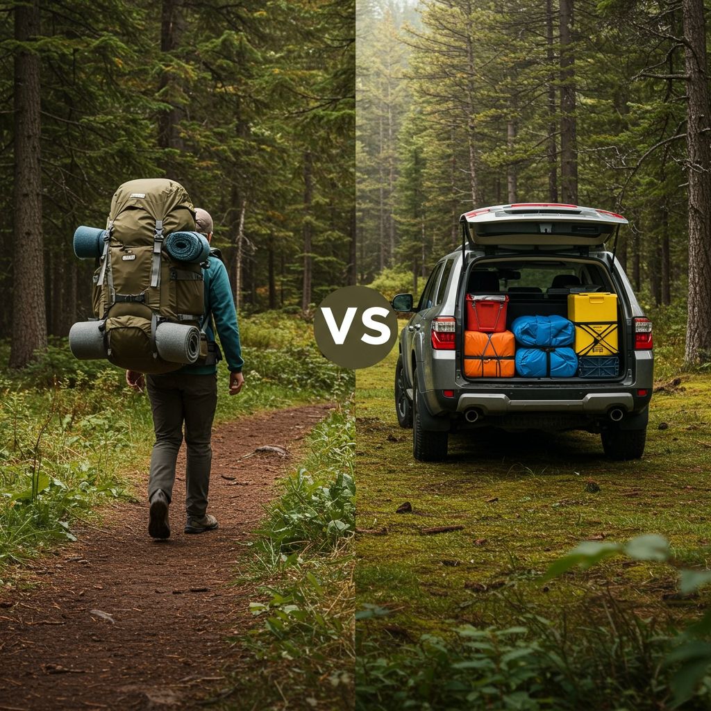 Comparison-style illustration of backpacking vs. car camping: backpacker carrying heavy pack on a trail versus an SUV loaded neatly with camping gear in a forest clearing, highlighting comfort and convenience.