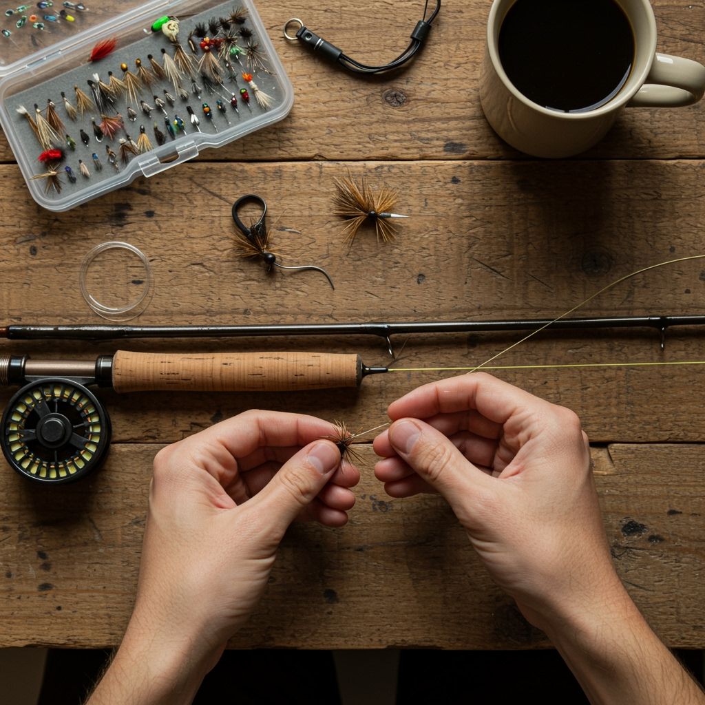 Detailed overhead view of hands tying a fly to tippet using an improved clinch knot, with the assembled fly rod laying across a rustic wooden table, open tackle box with organized flies visible, and morning coffee mug nearby, warm natural window light creating inviting workspace atmosphere.