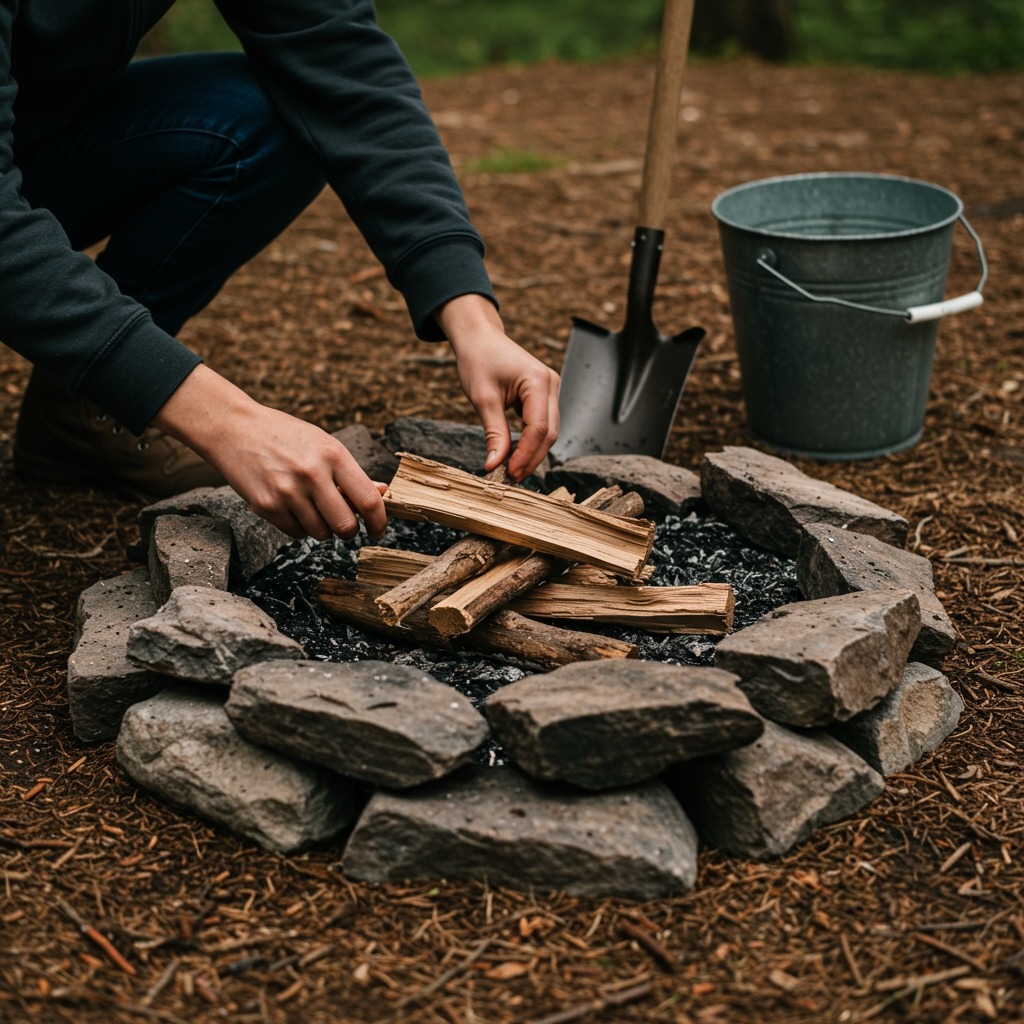 Close-up of camper's hands arranging small dead and downed wood pieces in a proper fire ring, with a full water bucket and shovel visible nearby on the ground, demonstrating proper fire safety preparation in natural outdoor lighting.