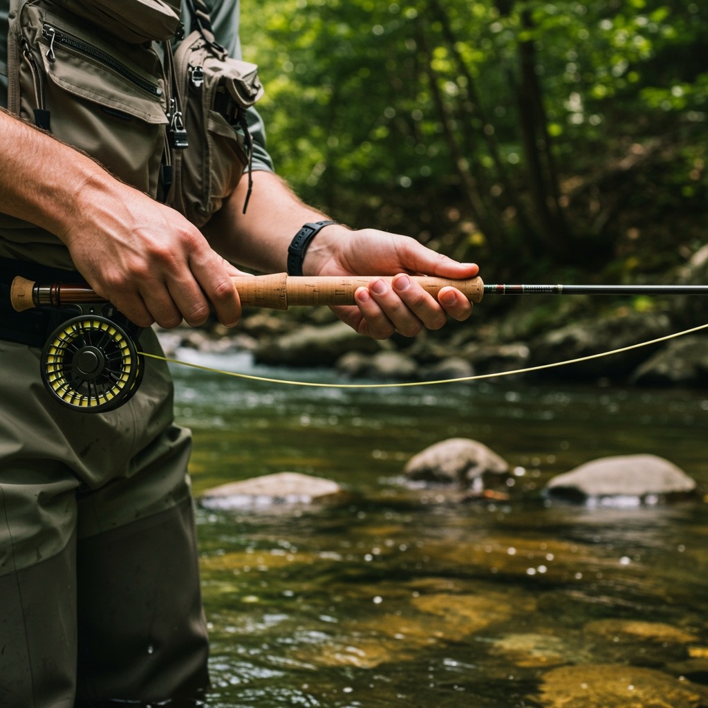 Close-up of hands holding a medium-action fly rod demonstrating the rod's flex and bend, with the angler standing knee-deep in a clear mountain stream, wearing waders and vest, surrounded by smooth river rocks and gentle flowing water with dappled sunlight filtering through trees overhead.