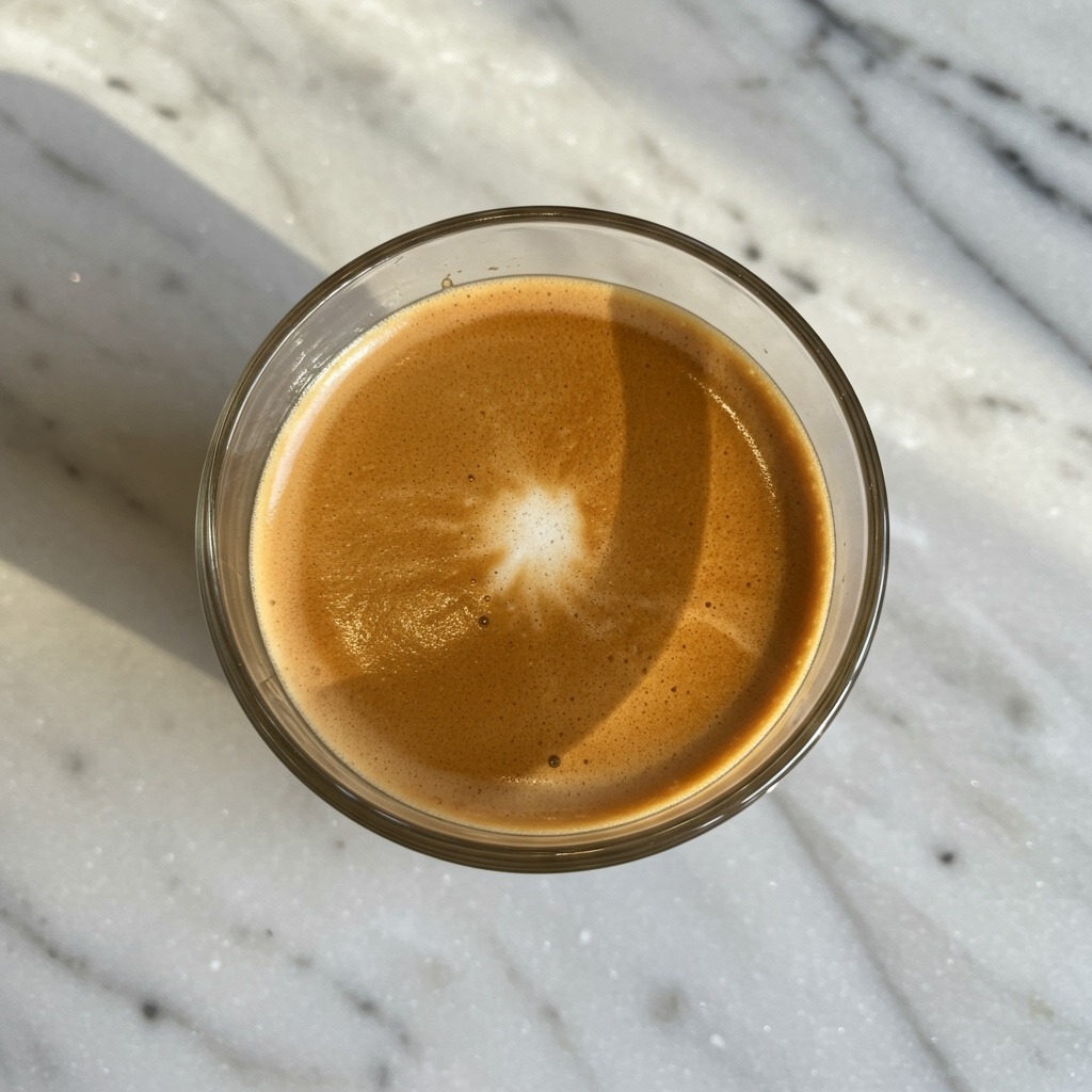 Close-up overhead view of a cortado served in a small clear Gibraltar glass showing the 1:1 ratio of dark espresso perfectly blended with velvety steamed milk creating a uniform tan color with minimal foam, placed on a white marble café counter with natural lighting