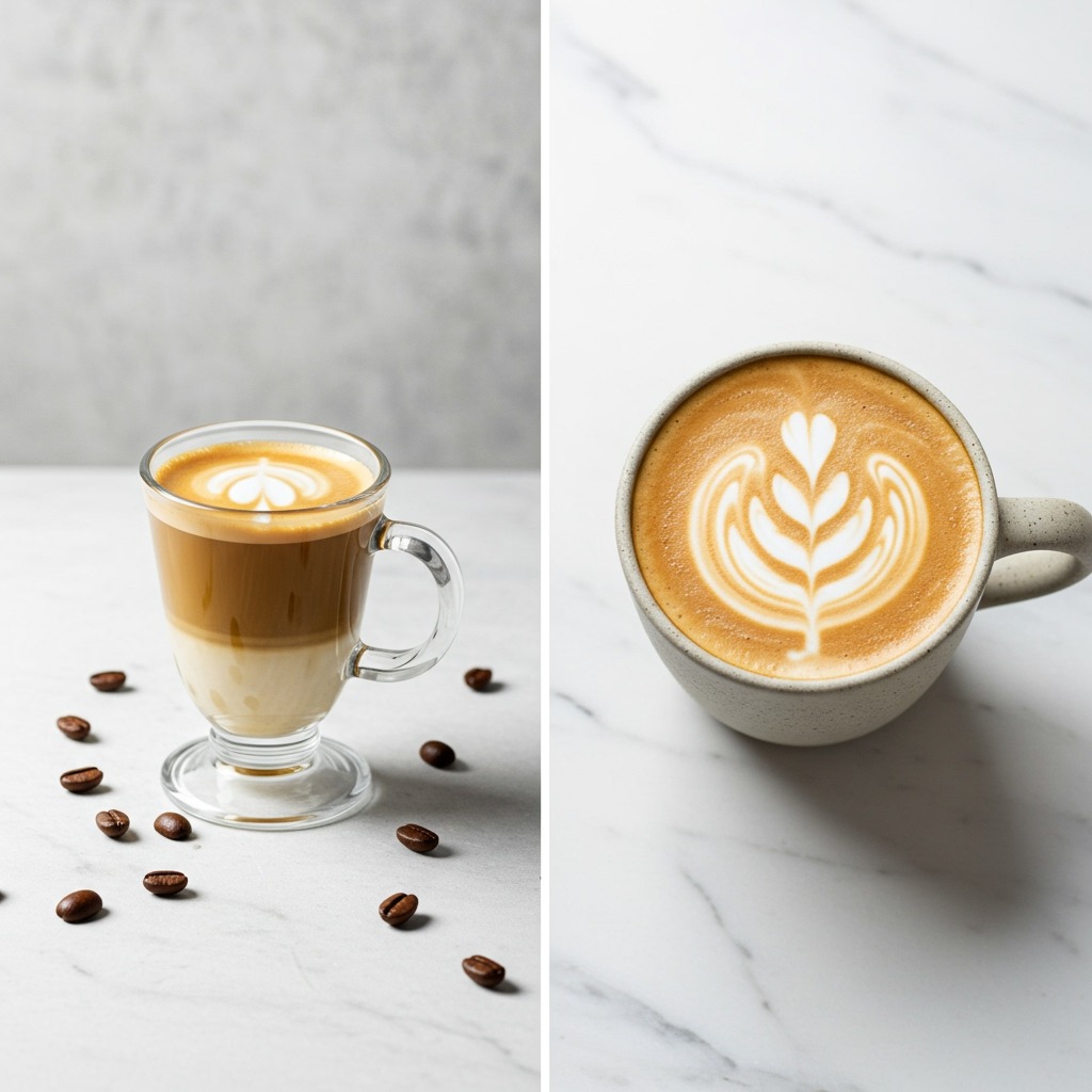 Side-by-side comparison photograph of a small cortado in a Gibraltar glass next to a large latte in a ceramic mug, both drinks clearly showing their size difference and milk-to-espresso ratios, shot from above on a clean white surface with espresso beans scattered artfully around them
