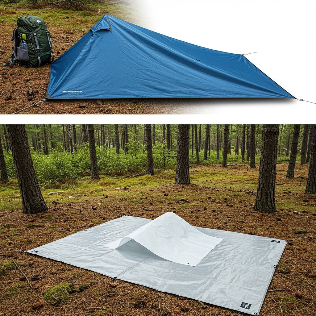 A comparison layout showing three tent footprint alternatives side by side on forest ground is a blue heavy-duty tarp, a sheet of white Tyvek material, and a lightweight silver Polycro sheet, each neatly folded to tent floor size with a camping backpack visible in the background.