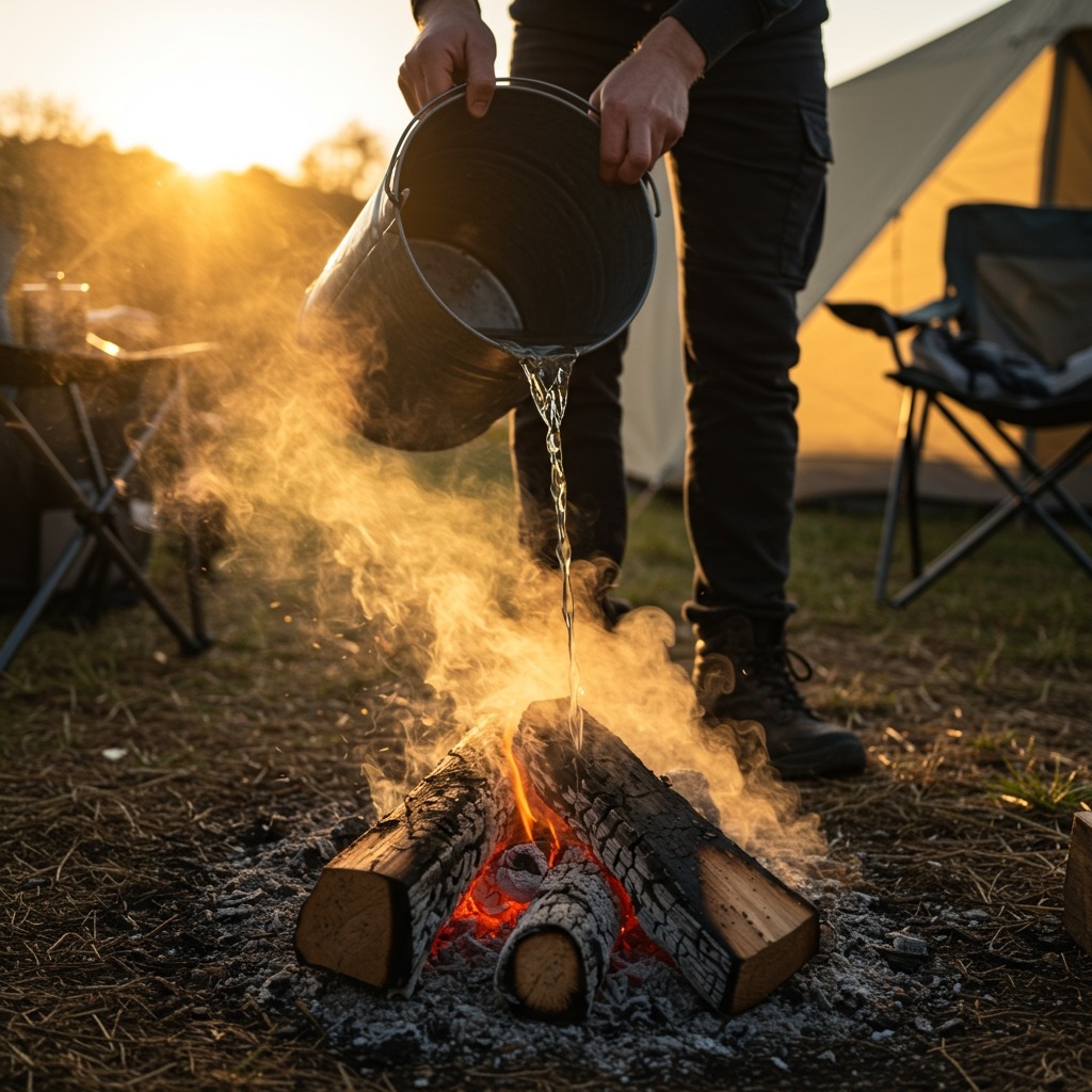 Camper pouring water from a bucket onto campfire embers with steam rising, using a shovel to stir the wet ashes, demonstrating the "drown, stir, feel" method in warm natural morning light with camping gear visible in background.