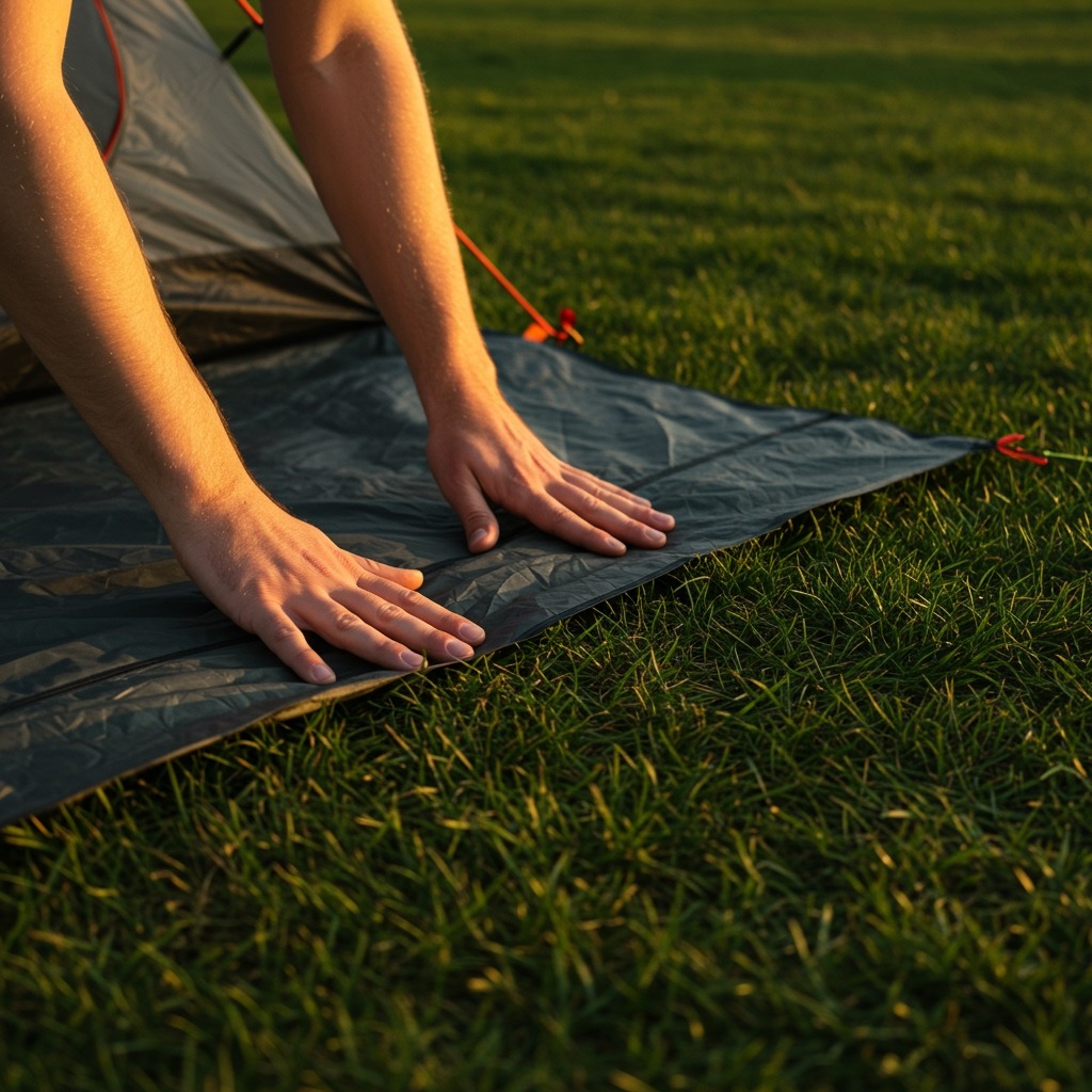 An angled shot of a camper's hands smoothing out a tent footprint on grassy campground, with the footprint clearly positioned slightly smaller than the tent outline marked by corner stakes, golden hour lighting casting soft shadows, showing proper placement technique before tent setup.