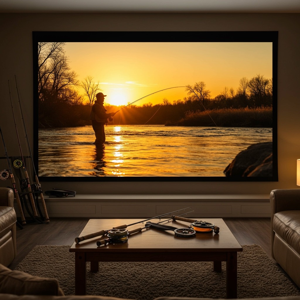 A cozy living room scene with a large screen displaying a dramatic fly fishing scene showing a silhouetted angler casting against a golden sunset river, with fishing gear like rods and reels artfully arranged in the foreground, warm ambient lighting creating an inviting home theater atmosphere.