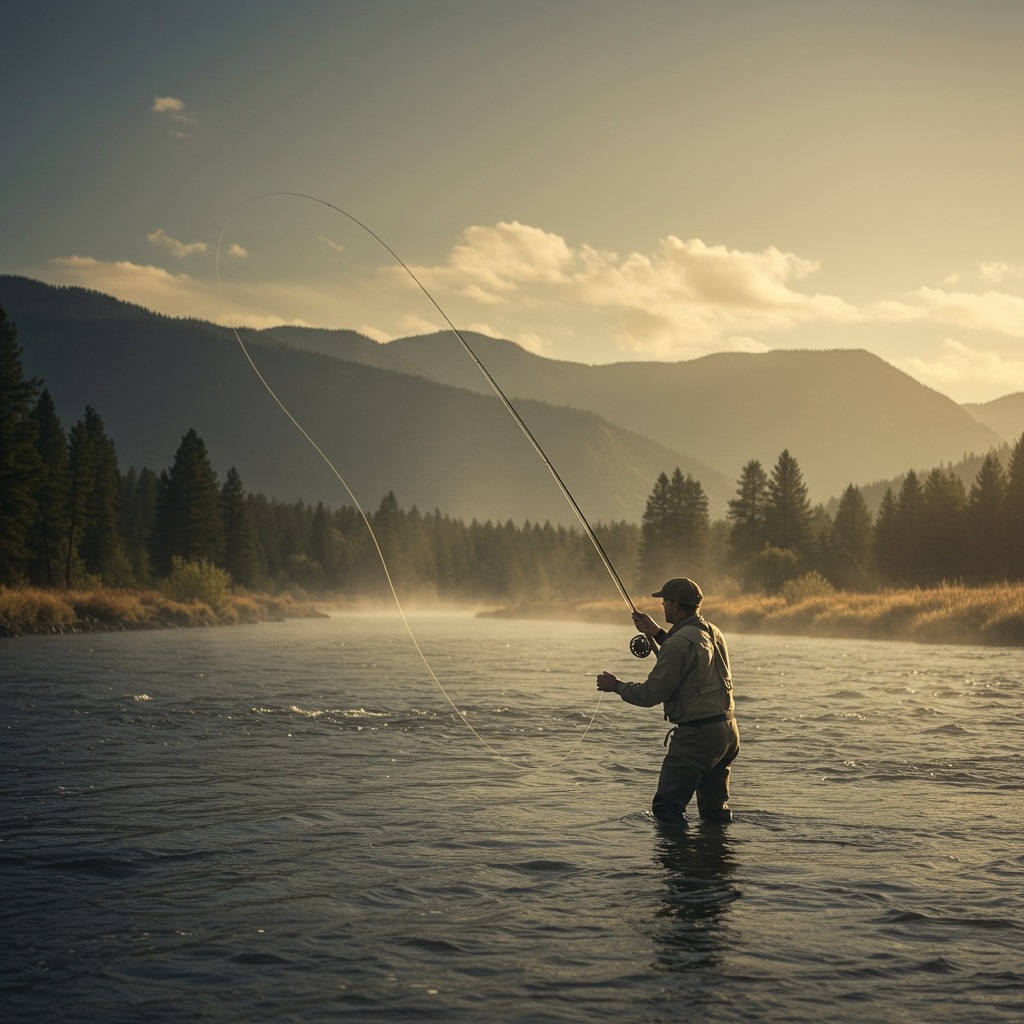A cinematic still reminiscent of A River Runs Through It, showing an angler in vintage clothing performing a graceful overhead cast on a pristine Montana river with mountains in the background, captured in warm film-like tones with dramatic side lighting and mist rising from the water.