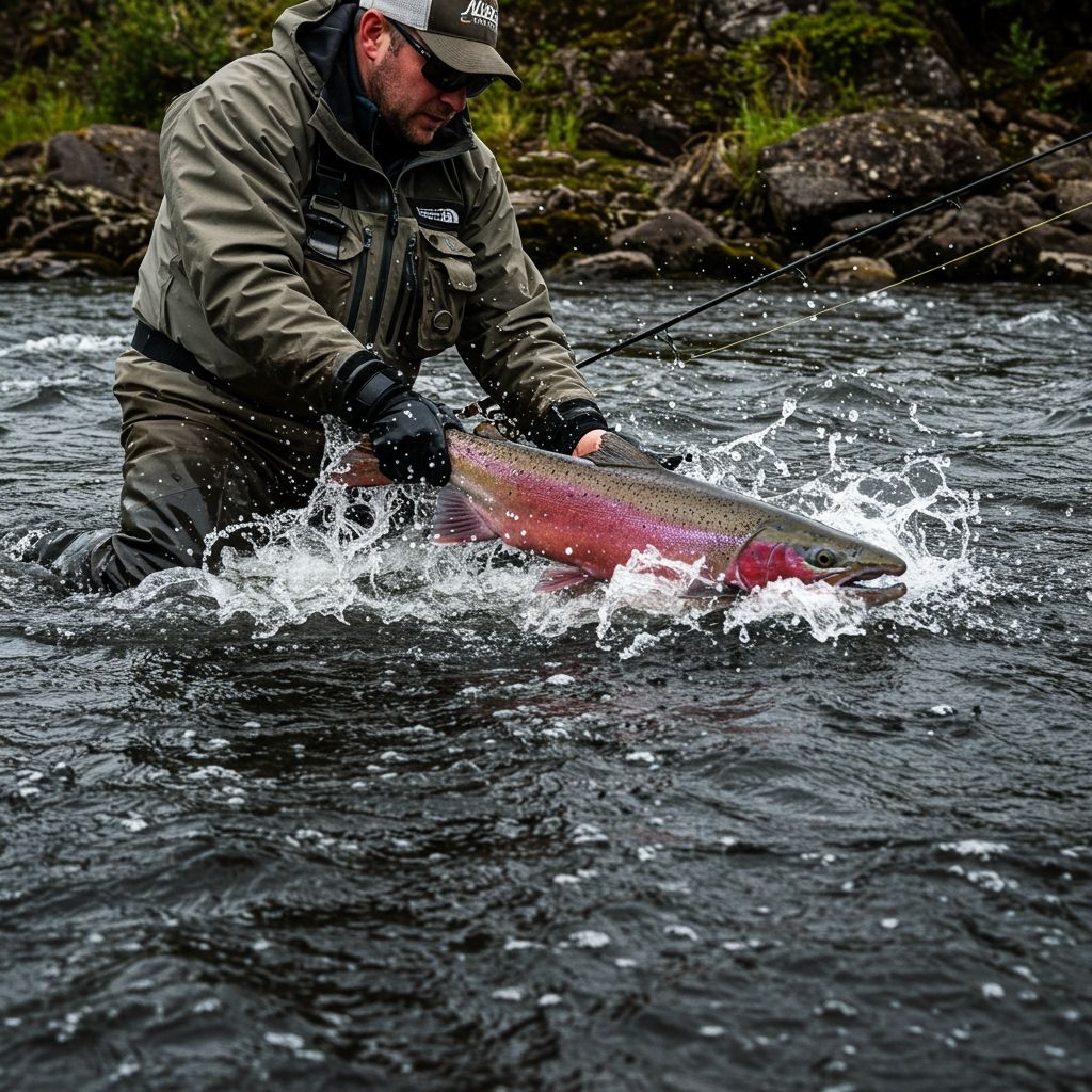 A rugged angler in modern technical gear battling a massive steelhead in turbulent river waters, shot from a low angle with a GoPro-style documentary aesthetic, spray flying, intense action captured in sharp detail with dramatic overcast lighting and rocky riverbanks.