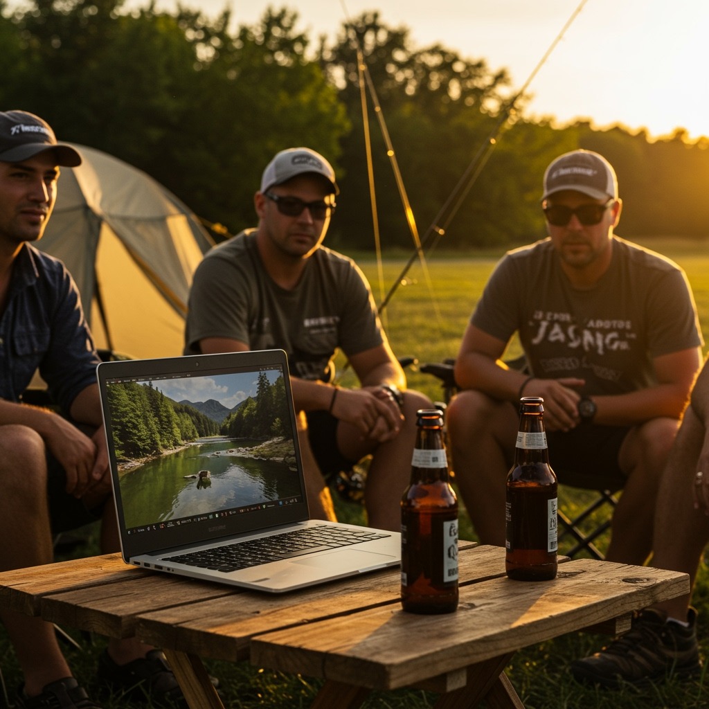 A group of anglers gathered around a laptop outdoors at a campsite during golden hour, watching a fly fishing film together, with fly rods leaning against a tent in the background, craft beer bottles on a rustic wooden table, capturing the community and shared passion aspect of fly fishing cinema.