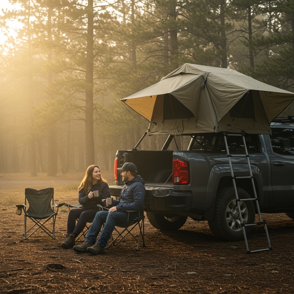 A couple enjoying morning coffee sitting at the open tailgate of their truck with the tent deployed above, camping chairs arranged nearby, misty forest background with early morning sunlight filtering through trees, showcasing the convenience and lifestyle of truck bed camping.