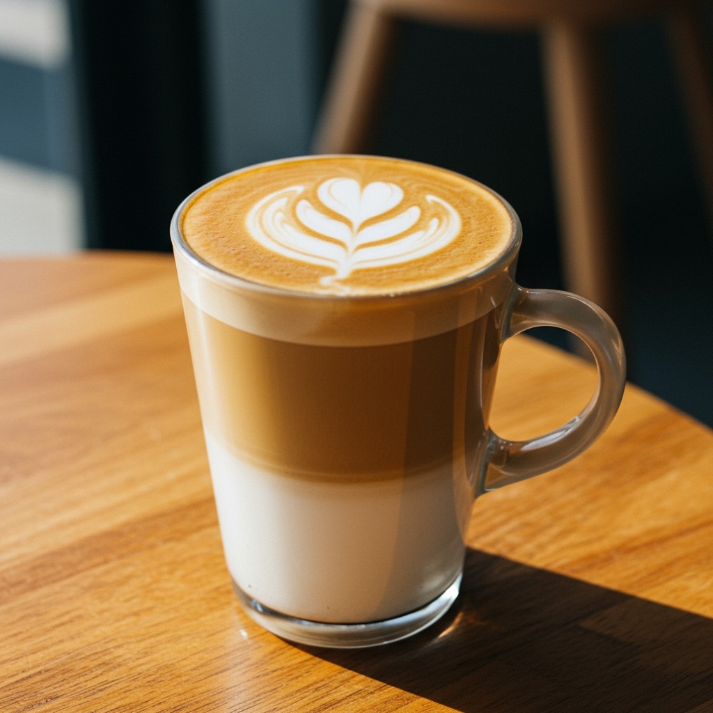 A tall ceramic mug containing a latte with beautiful white heart-shaped latte art on top of creamy microfoam, the drink showing distinct layers of espresso and steamed milk, photographed from a 45-degree angle on a wooden café table with soft morning light