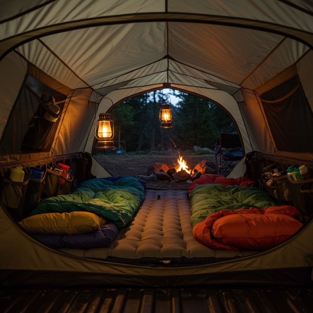 Inside view of a cozy truck bed tent interior with an inflated air mattress, sleeping bags, soft pillows, a lantern hanging from the ceiling, and personal items organized in mesh pockets, with the tent door partially unzipped showing a campfire and forest view outside at dusk.