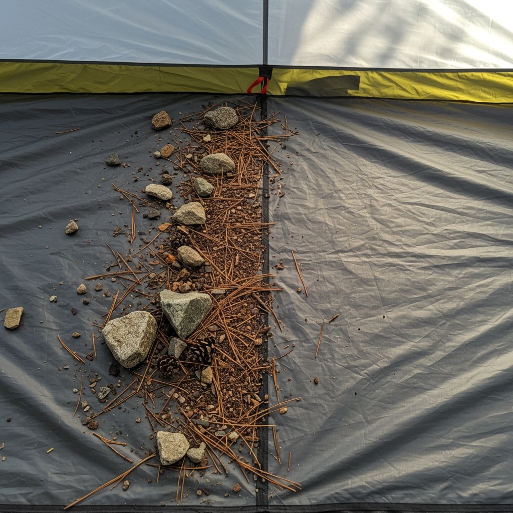 Close-up overhead shot of a tent footprint protecting against rough terrain, showing one side with sharp rocks, twigs, and pinecones scattered on the protective fabric layer, while the other side shows the clean underside of a tent floor above it, demonstrating the protective barrier in bright daylight.