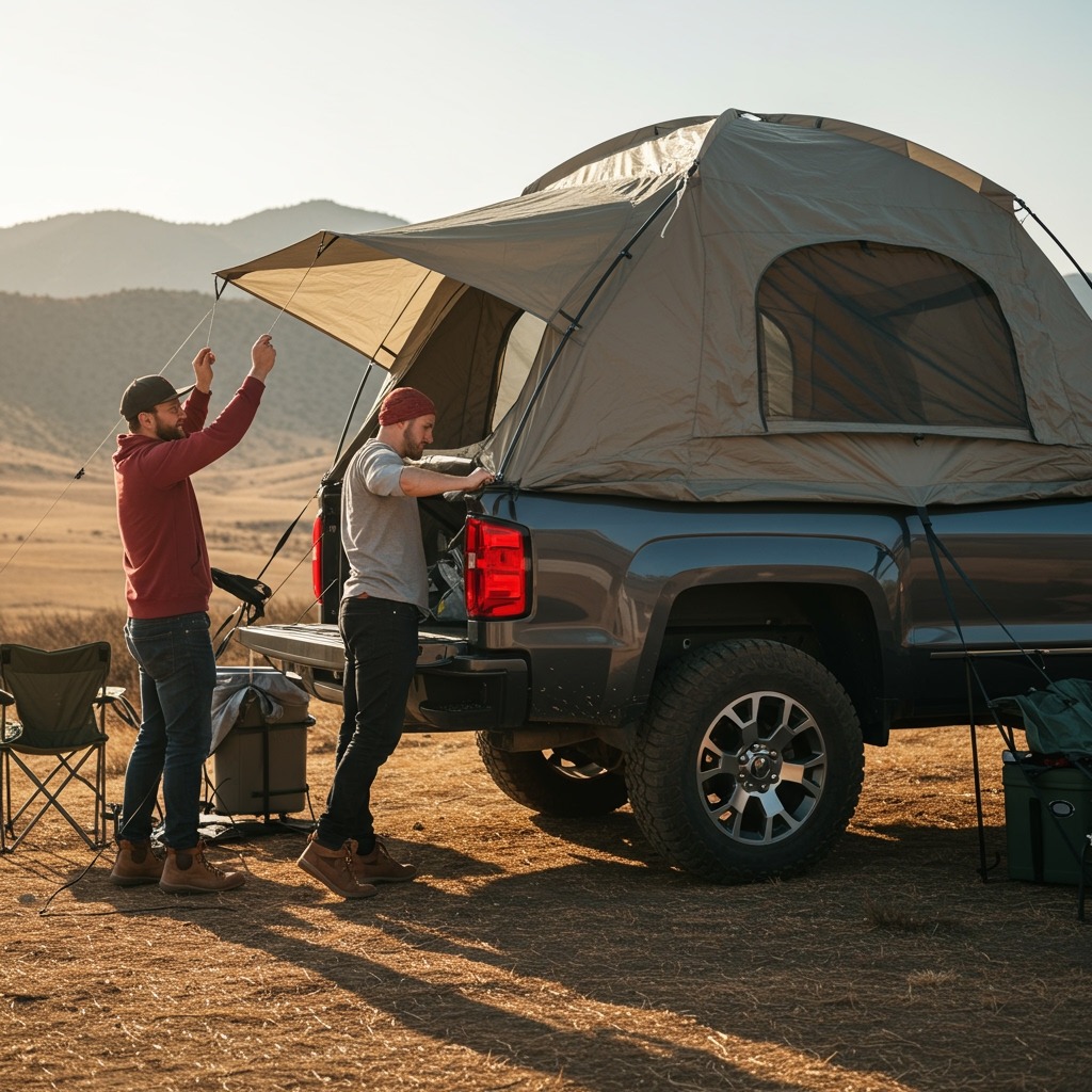 Two people working together to attach a dome-style truck bed tent to their pickup, showing the attachment straps being secured to the wheel wells, with tent poles partially assembled and the fabric taking shape, in a sunny campground setting with other camping gear visible nearby.