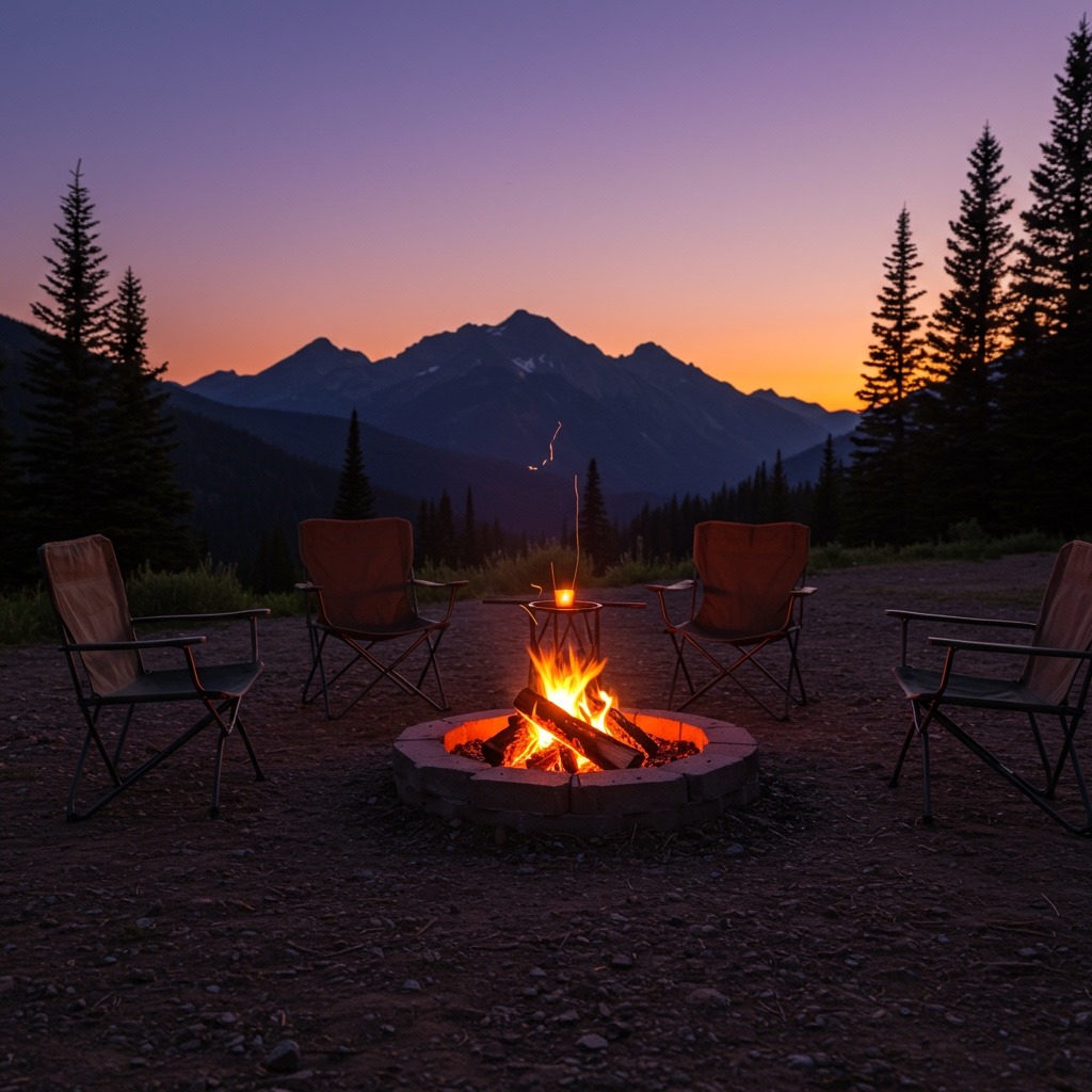 A small, controlled campfire flickering in an established fire ring during twilight, with camping chairs arranged at a safe distance and the Rocky Mountains silhouetted against a purple-orange sunset sky—cozy but responsible camping scene.