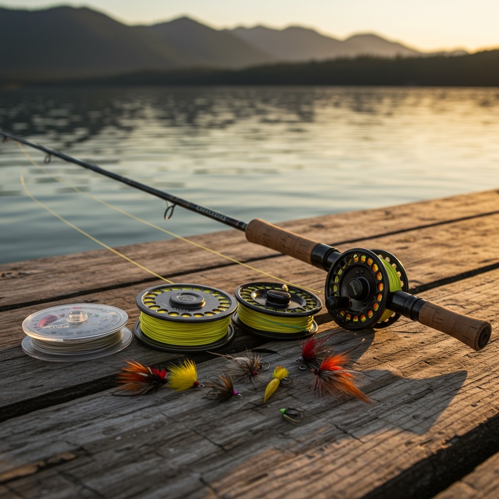 A beautifully laid out beginner's fly fishing setup on weathered wooden dock planks, showing a 9-foot fly rod, large arbor reel, coiled fly line in vibrant color, leader and tippet spools, and several colorful flies arranged neatly, with a serene lake and mountains visible in soft-focus background during golden hour.