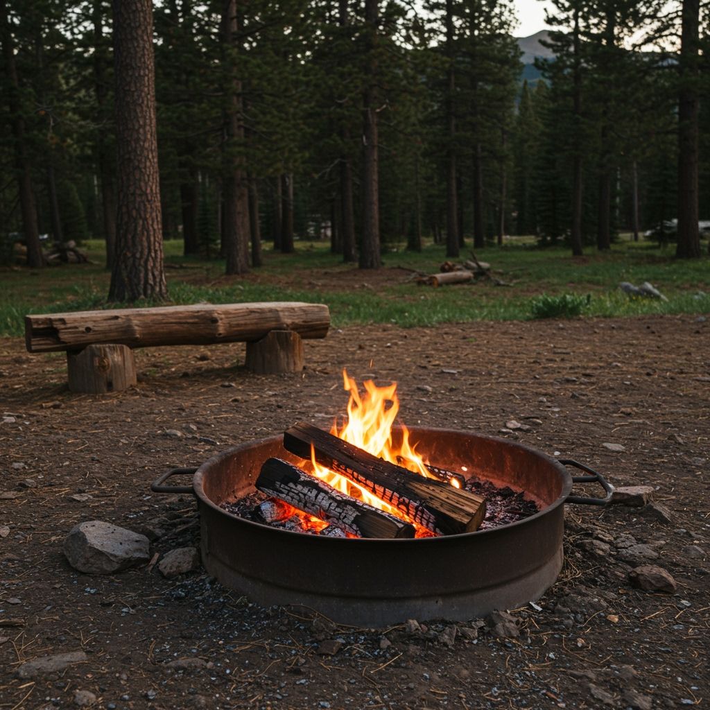 A safe campfire contained in a metal fire ring at a Colorado mountain campground with pine trees in the background, golden hour lighting casting warm glow on the designated fire pit area with clear 10-foot radius around it.