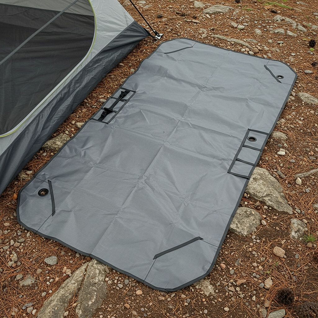 A top-down view of a gray waterproof tent footprint laid flat on rocky ground next to a partially unpacked camping tent, showing the footprint's durable fabric texture and reinforced grommets in the corners, photographed in natural outdoor lighting with pine needles and small rocks visible on the ground.