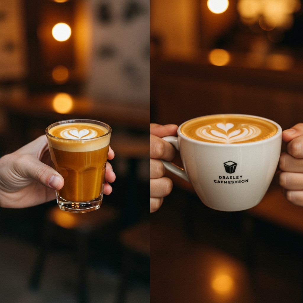 Split-screen image showing a hand holding a small cortado glass on the left with bold coffee color, and another hand holding a large latte mug with creamy tan color on the right, both photographed against a cozy café background with warm lighting to show the contrasting experiences