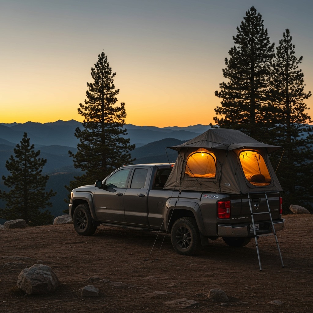 A rugged pickup truck parked at a scenic mountain overlook at golden hour, with a fully deployed truck bed tent showing its elevated sleeping platform, warm light glowing from inside the tent, surrounded by pine trees and distant mountain peaks.
